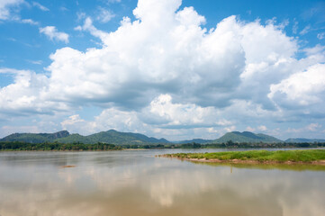Lanscape riverside of Mae Khong river and mountain views border of Thailand and Laos at Chiang Khan in Loei province, Thailand.