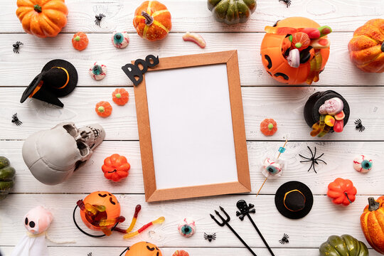 Halloween Frame Mock Up Template With Candy Flat Lay