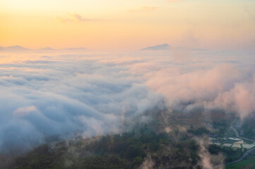 Landscape view on mountain with misty in morning at view point of Phu Thok hill at Chiang Khan Loei province, Thailand