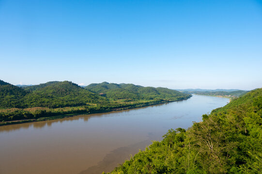 Lanscape riverside of Mae Khong river and mountain views border of Thailand and Laos at Chiang Khan in Loei province, Thailand.