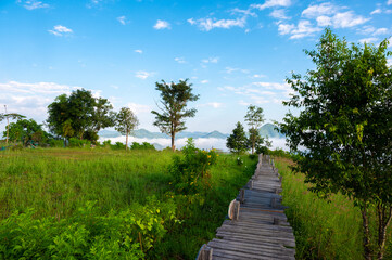 Beautiful landscape view and wooden bridge on Phu Lam Duan at Loei province thailand. Viewpoint of mekong river Thai - Laos border.