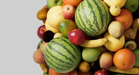 Fruits - Apple, Watermelon, mango, orange, grapefruit, banana, pepper, lemon, lime, papaya, avocado, stacked Background	
