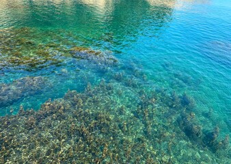 Fototapeta na wymiar Turquoise sea water surface. Beautiful seascape of Mediterranean sea.