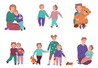 Set of warm hugs between kids, parents and little friends. Happy child embracing mother, father and other diverse children with love. Colored flat vector illustration isolated on white background
