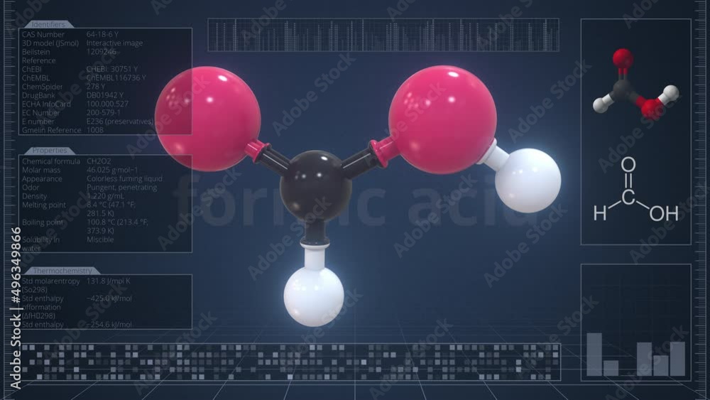 Poster molecule of formic acid with infographics on the computer monitor, loopable 3d animation