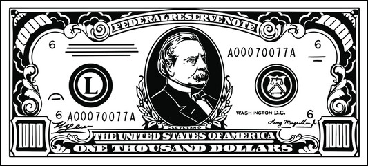 1000 american dollars vector illustration. US banknote of one thousand dollars