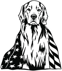 Golden Retriever. Decorative outline portrait of dog golden retriever with USA flag, vector illustration in black color isolated on white background. Image for design and tattoo. - obrazy, fototapety, plakaty