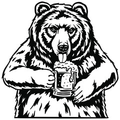Papa bear drinking beer. Emblem with brewery bear, brewery hop and bavarian hat. Craft brewing for beer bar or pab.