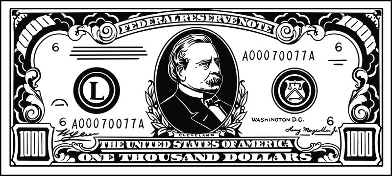 1000 american dollars vector illustration. US banknote of one thousand dollars