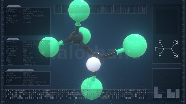 Halothane molecule with description on the computer screen, loopable 3d animation