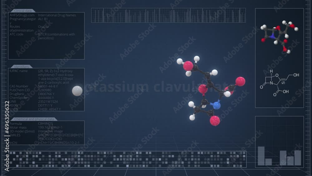 Poster overview of the molecule of potassium clavulanate on the computer screen. loopable 3d animation