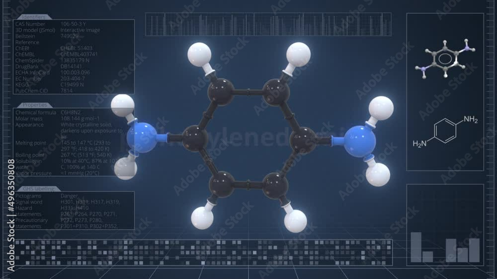 Poster molecule of p-phenylenediamine with infographics on the computer monitor, loopable 3d animation