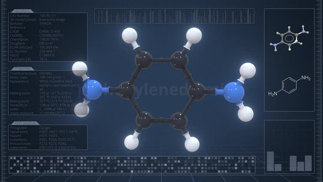 Molecule of p-phenylenediamine with infographics on the computer monitor, loopable 3d animation