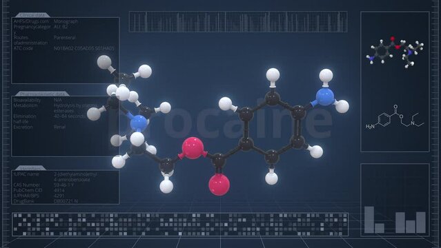 Overview of the molecule of procaine on the computer screen. Loopable 3d animation