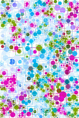 Multicolored seemless wallpaper with dots, circles and lines in blue, pink and violet shades