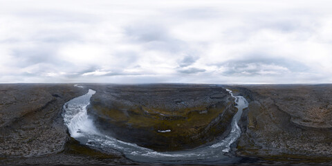 Dettifos Waterfall in Iceland. View from the height. Panorama 360