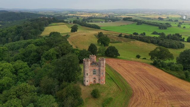 Aerial of Belvedere Tower in the grounds of Powderham Castle, near Exeter, Devon, England