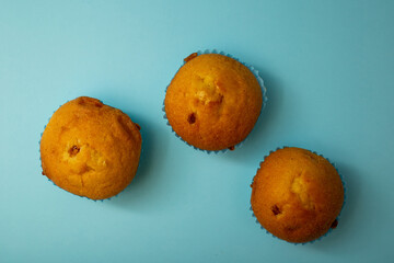 Bright cupcakes in blue packaging on a blue background
