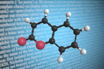 Coumarin scientific molecular model, 3D rendering