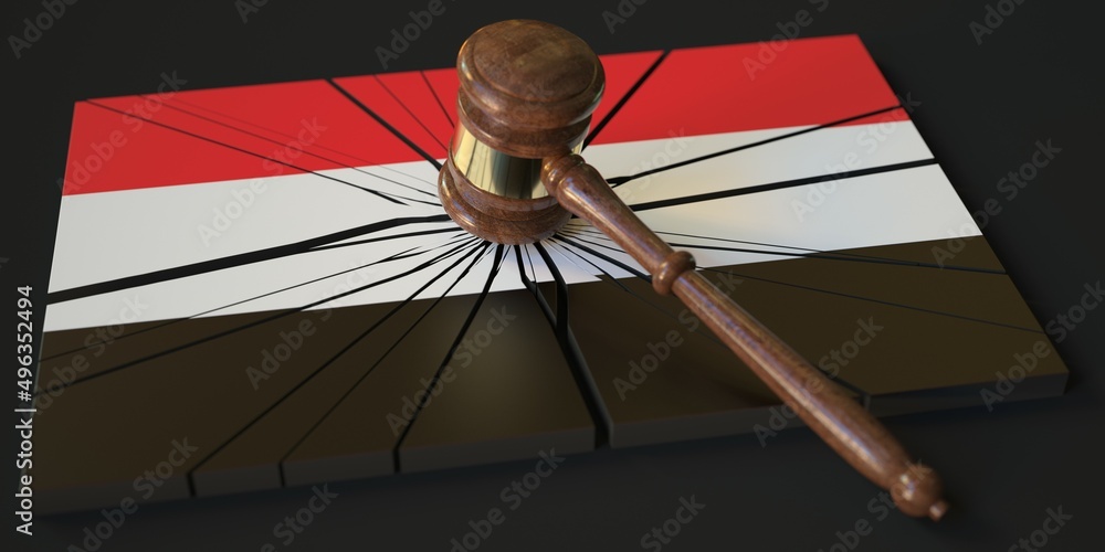 Poster judge's gavel and broken block with flag of yemen. conceptual 3d rendering