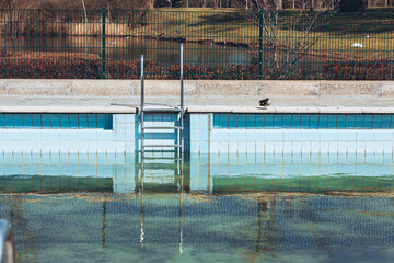 an swimming pool with dirty water in springtime