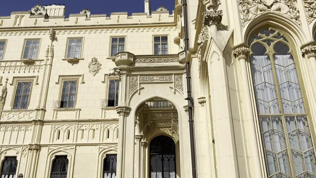 Lednice Chateau on sunny summer day, Moravia, Czech Republic. Lednice-Valtice Landscape, South Moravian region. UNESCO World Heritage Site.