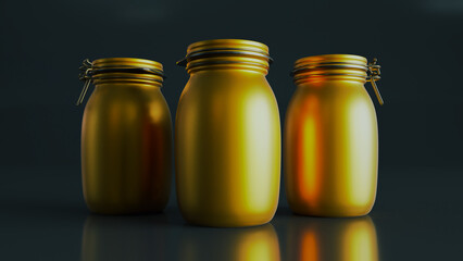 3D render of Realistic golden Clear Bottle on a dark background, Empty Glass Jar