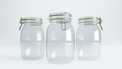 3D render of Realistic Transparent Clear Bottle on a white background, Empty Glass Jar