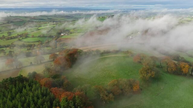 Aerial of Cadbury Castle Iron Age Hillfort near Crediton in Devon, England
