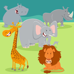 cartoon happy wild safari animal characters group