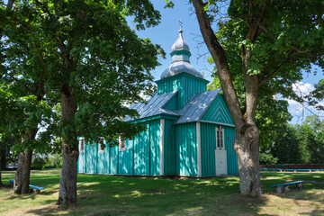 Old ancient wooden Church of St Elijah in Belavichi village, Ivatsevichi district Brest region,...