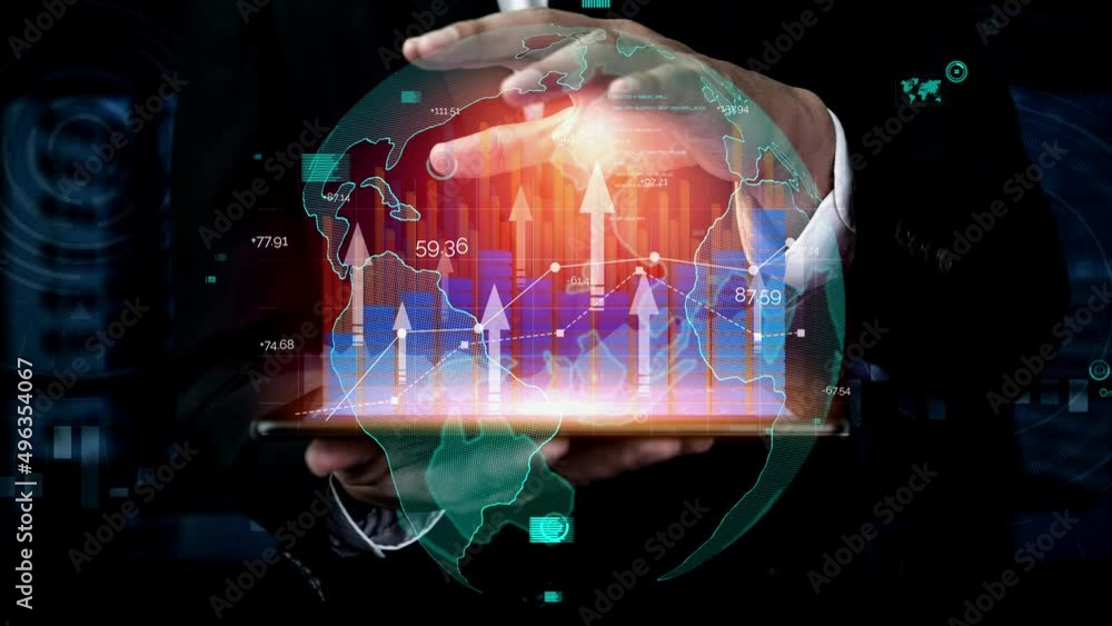 Poster double exposure image of business and finance conceptual - businessman with report chart up forward 