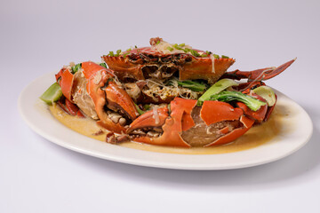 BE HOON CRAB WOKKIN in a dish top view on grey background singapore food