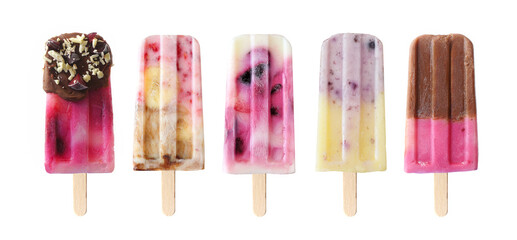 Five assorted fruit popsicles isolated on a white background. Chocolate dipped cherry, raspberry...