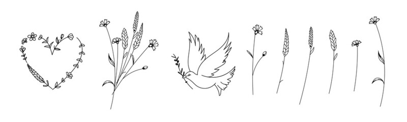 Set of silhouette with flowers bird heart meaning peace