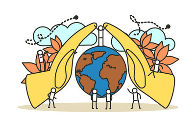 Save earth day vector concept illustration flat design. Modern people protection environment plant nature. Global nature planet business. Hand growth with globe world ecology. Clean leaf eco banner