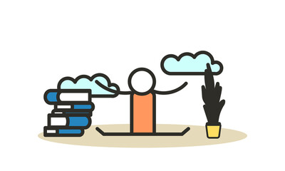 Time to health vector mind work meditation body man achievement. Person exercise focus harmony wellbeing yoga flat illustration concept. Business office relax balance training. Workout zen pose