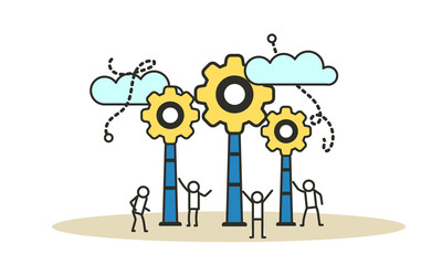 Idea work with gear concept business creative illustration. Man and woman design success innovation team office. Project development banner partnership. Imagination cooperation network process