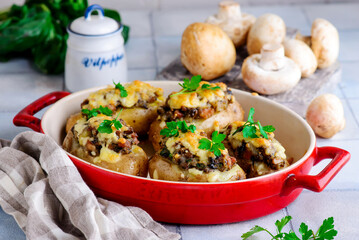 Stuffed potato with mushroom.selective focus