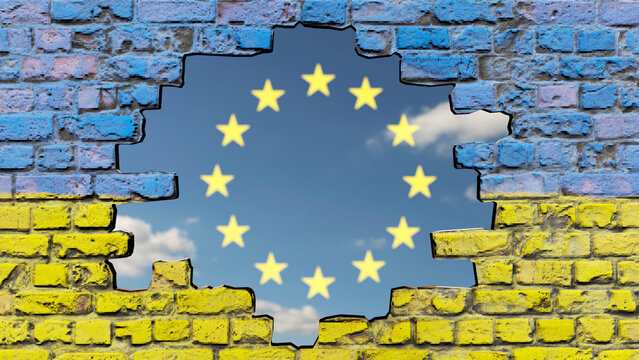Loch in Mauer mit Ukraine-Fahne vor Himmel mit EU Sternen