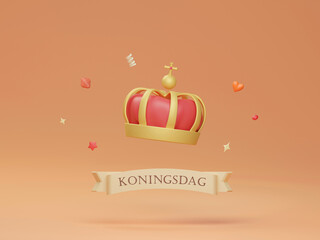 Koningsdag crown. Greeting card to celebrate Happy King's Day in Netherlands on 27 april. 3d illustration.
