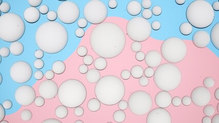 Light grey drops of cream floating in transparent liquid on multicolored background | Background shot for beauty care product