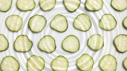 Clear drop falls down on water surface creating rings on cucumber slices background | Background shot for skin care cosmetics commercial