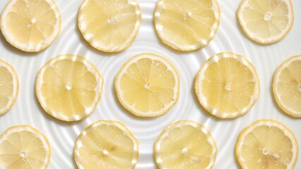 Water rings over lemon slices arranged in rows on light grey background | Background shot for skincare cosmetics with vitamin C