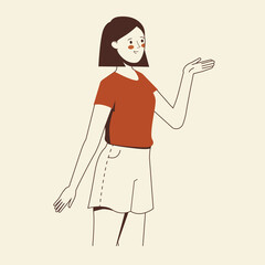 Illustration of a woman showing or pointing at something. Minimalist vector flat design.