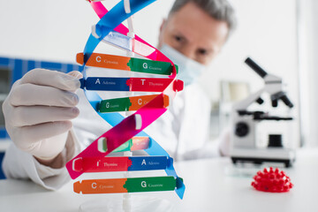 dna and coronavirus bacteria models near blurred geneticist in medical mask.