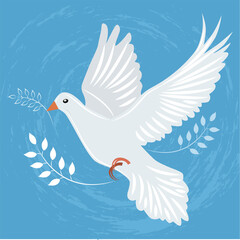 Vector dove of peace with olive branch in beak; The pigeon as symbol of hope and peace in the world on blue background