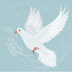 Dove of peace with olive branch in beak; Vector pigeon as symbol of hope and peace in the world on light blue background