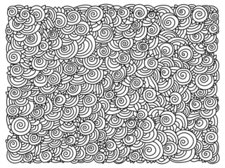 Abstract meditative coloring page with ornate patterns of spirals and striped motifs