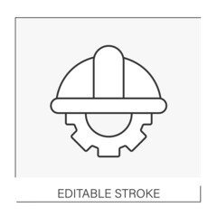  Equipment line icon. Hardhat and cogwheel. Construction industry concept. Isolated vector illustration. Editable stroke